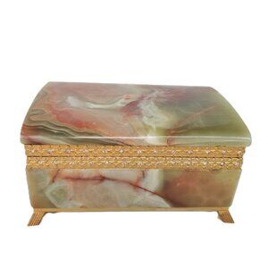Vintage Onyx Marble Jewelry Box with Rhinestone Trim